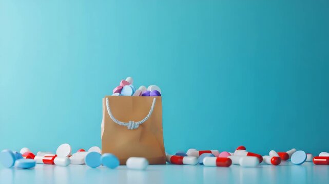 A brown paper bag filled with multicolored capsules spilling onto a blue surface, symbolizing carelessness or excess in healthcare.