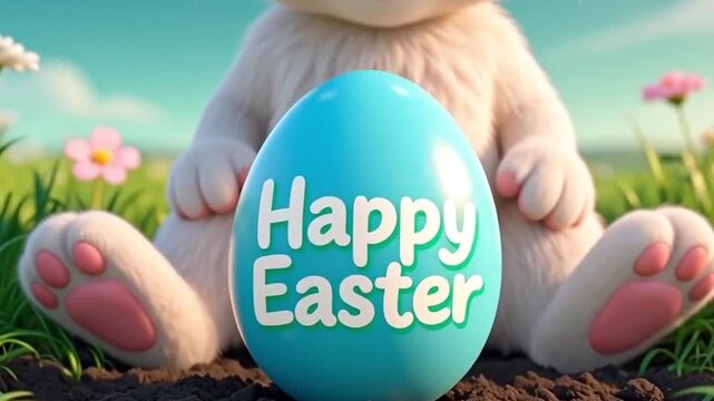 Cute cartoon Easter bunny sitting in grass with large blue 'Happy Easter' egg, spring holiday celebration concept video