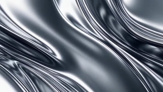 Abstract metallic chrome liquid waves background, smooth silver reflective surface, flowing metal texture, luxury design element, seamless loop