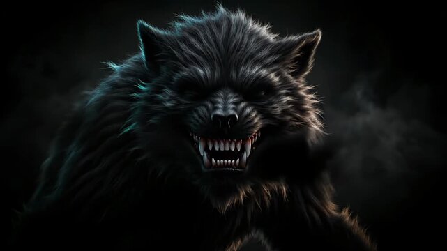 Werewolf snarls showing fangs with glowing orange eyes against dark. Wolf monster bares teeth in aggressive display. Creature growls with orange eyes glowing. Werewolf fangs visible in snarl.