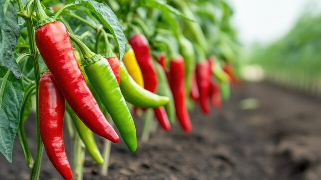 Close up of chili pepper plants growing in a garden row