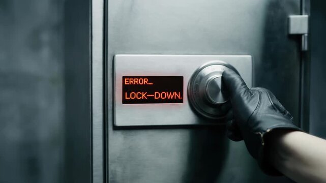 Security safe lock error lockdown ai risk controls warning on steel vault door panel with cyber gloved hand keypad lockdown security risk controls