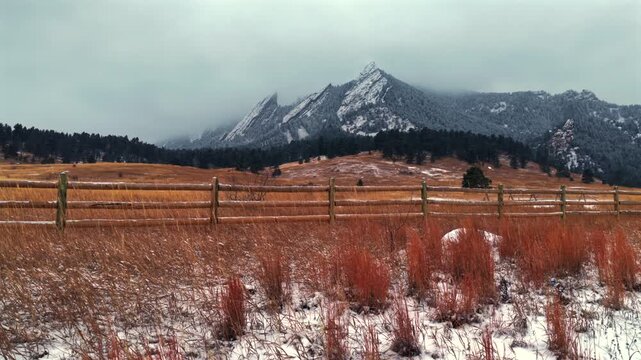 Winter Chautauqua Park Flat Irons Mountain snowing snow flakes Boulder aerial drone Colorado USA dusk sunset low clouds grass snowy covered dusting Rock formation loop trail Bear Peak right movement