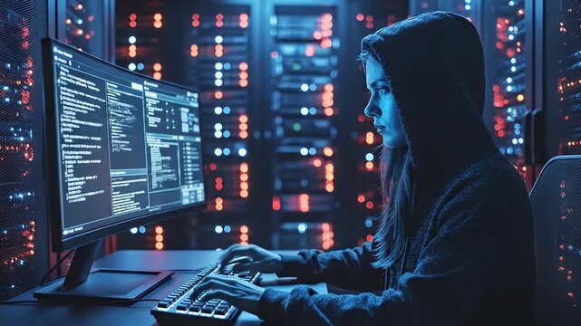 Hacker Working in Dark Server Room.