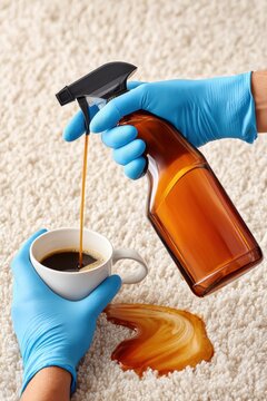 Blue gloves clean coffee stain from carpet using spray bottle in home cleanup scene