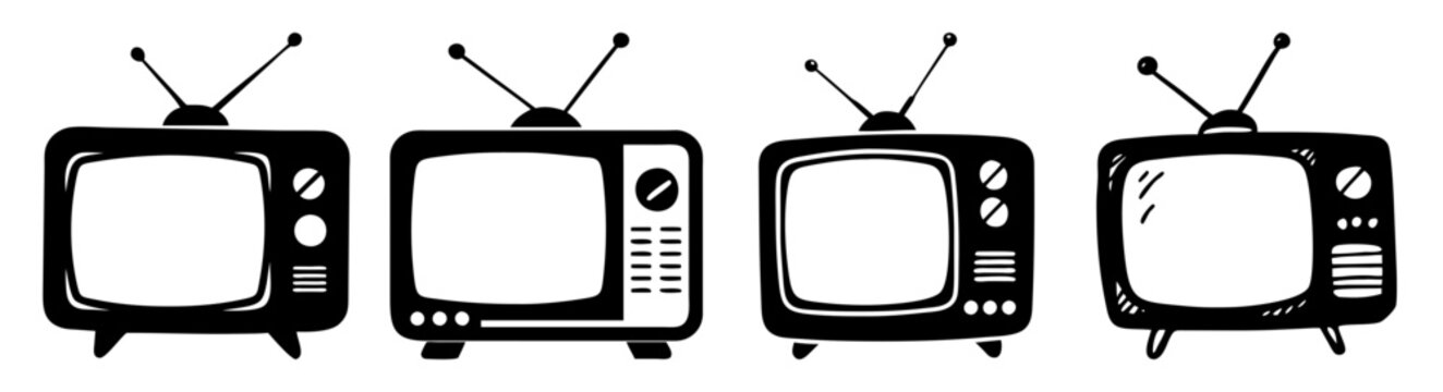 Set of four vintage black retro television icons isolated on white background