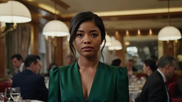 Smiling woman wearing a green top with a ruffled neckline, sitting at a restaurant table with silverware and wine glasses. Background features other patrons seated at booths under chandeliers.