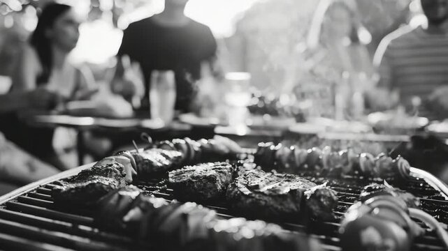 Close-up of food being cooked on a grill at a restaurant.
