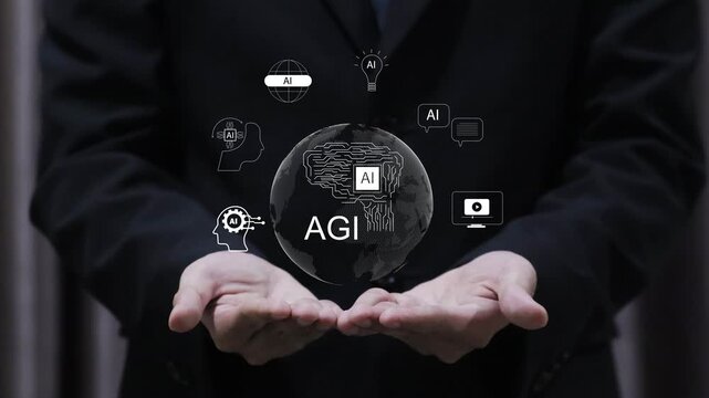 Businessman interacting with AGI and artificial intelligence interface, showing AI automation, smart tools, digital workflow, innovation ecosystem, future technology, advanced business.