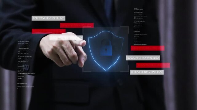 Businessman presenting digital shield with secure lock and binary code, symbolizing cybersecurity, data protection, network security, digital privacy, risk management.