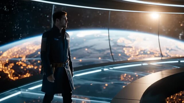 Astronaut walks through spaceship observing Earth from space station window. Man watches planet through spacecraft window. Astronaut in spaceship views Earth. Space station corridor shows planet Earth