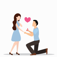 A man with engagement ring standing on one knee makes a proposal of marriage to his girlfriend. Man and woman are in love. Young couple engaged. Vector illustration
