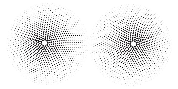 Black halftone dots swirl and twist into a vortex shape, creating a dynamic, abstract pattern on a white background.
