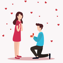 A man with engagement ring standing on one knee makes a proposal of marriage to his girlfriend. Man and woman are in love. Young couple engaged. Vector illustration