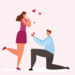 A man with engagement ring standing on one knee makes a proposal of marriage to his girlfriend. Man and woman are in love. Young couple engaged. Vector illustration
