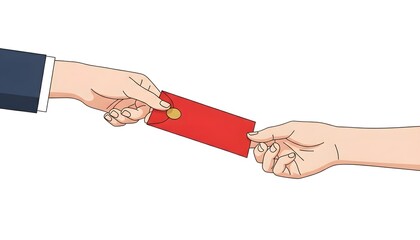 Hand giving red envelope to another hand, symbolizing gifting and prosperity during festive occasions
