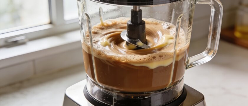 Close-up of creamy keto butter coffee blend in glass blender with natural morning light