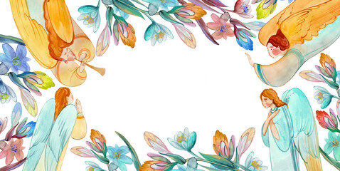 Fototapeta premium Hand drawn watercolor angels and flowers border on transparent background for Christian Easter and Pentecost greeting card design.