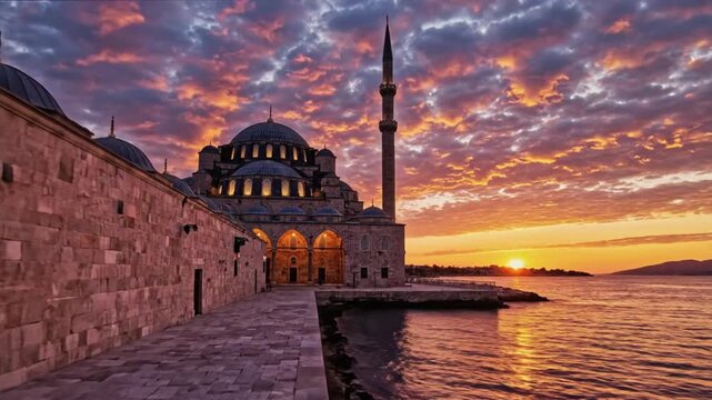 A mosque by the water at sunset with a minaret and a brick wall