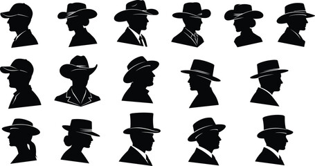 Cowboy hat silhouette profile collection featuring western male and female characters isolated on white background, vintage vector set for design © Shadona stock