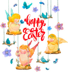 Fototapeta premium Watercolor children cherub angels on swings near Happy Easter text, spring flowers, butterflies, birds, hand-drawn on transparent background for greeting card.