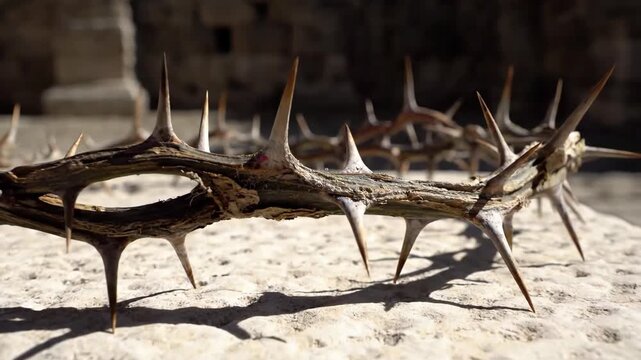 Crown of thorns resting on a stone surface. Symbol of the Passion of Christ and Easter sacrifice