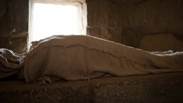 Body wrapped in a burial shroud lying in a stone tomb. Biblical scene of Jesus' burial or resurrection