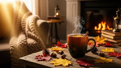 Fototapeta premium Warm autumnal scene with steaming mug on wooden table by cozy fireplace with fall leaves and soft blanket