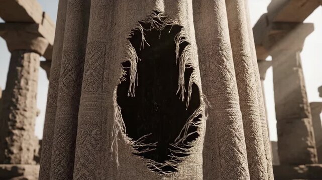 Torn veil of the temple with stone columns. Biblical symbol of Good Friday and redemption