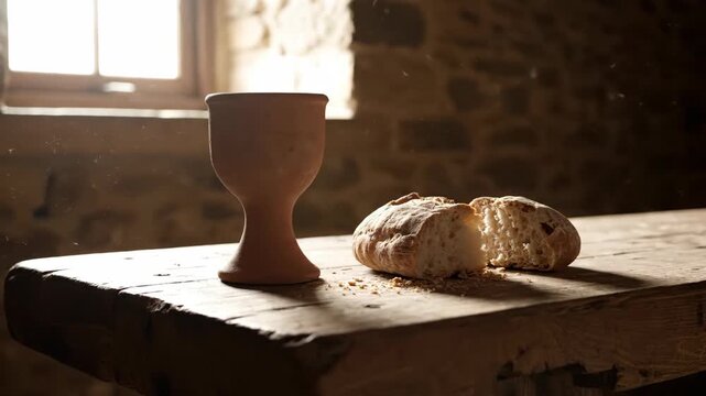 Clay chalice and broken bread on rustic wooden table. Last Supper and Holy Communion concept