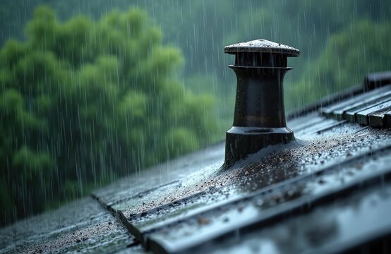Heavy rain falls on a dark metal roof. Water streams down the shingles around a black chimney vent. Rich green trees blur in the background.