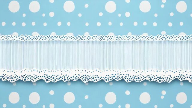 A blue background with white polka dots. The lace is white and has a pattern