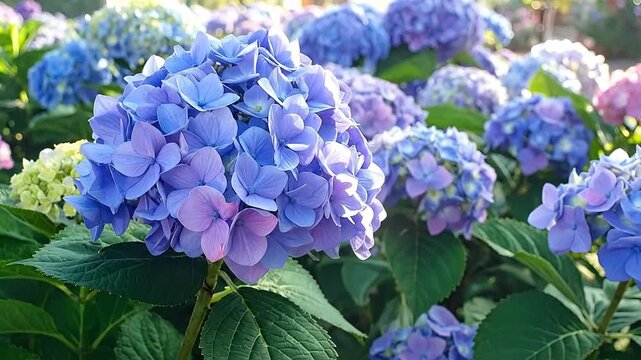 Close-up of vibrant blue hydrangea flowers blooming in a garden, creating a beautiful floral display with lush green