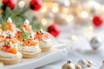 Obraz premium Festive holiday appetizers with smoked salmon and cream cheese on elegant display