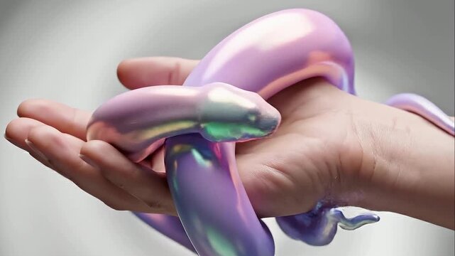 Surreal hypnotic video of a glossy abstract snake-like form gently wrapping around a human hand. Smooth liquid-like material with soft pastel gradient colors and slow flowing motion. 