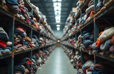 Infinite shelves stacked high with folded used clothes in large warehouse. Clothing items are sorted, stored in rows within big distribution center. Variety of apparel organized for charity or resale.