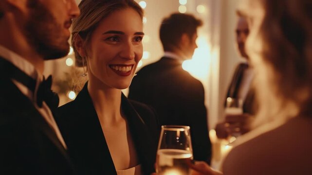 A woman is smiling and holding a glass of wine. She is surrounded by other people, some of whom are also holding glasses