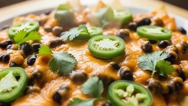 A plate of delicious nachos is topped with melted cheese, black beans, jalapenos, and cilantro, ready to be served.