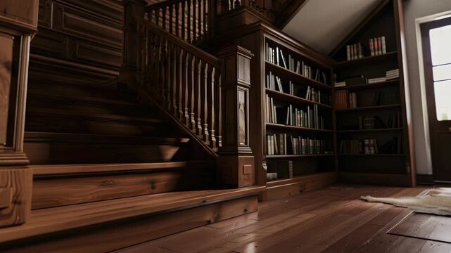 A warmly lit staircase leading to a library with full bookcases