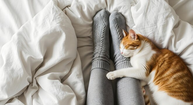 A cozy ginger cat is sleeping peacefully on a woman's legs under white sheets in a comfortable bed, illustrating a serene rest and relaxation concept