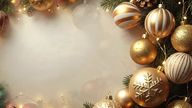 Festive Christmas ornaments and pine branches are arranged in a decorative frame on a bright background.
