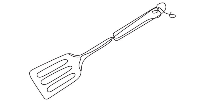 Minimalist continuous line drawing of a kitchen spatula or slotted turner used for cooking. Vector, illustration