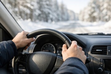Man Gripping the Steering Wheel of a Car While Driving on a Snowy Road in a Serene Winter Landscape
