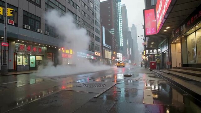 Yellow taxi driving on rainy city street at dusk with steam rising from manhole and neon lights