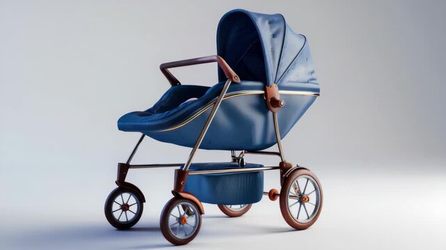 A stylish baby stroller featuring a royal blue seat and canopy with gold foil accents on the frame. Perfect for any fashionable parents.