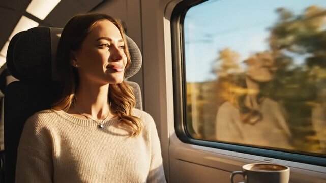 Woman enjoying a train ride and the autumn landscape on a sunny day with coffee