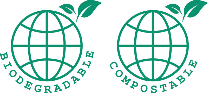 Globe icons with leaves show biodegradable and compostable designs