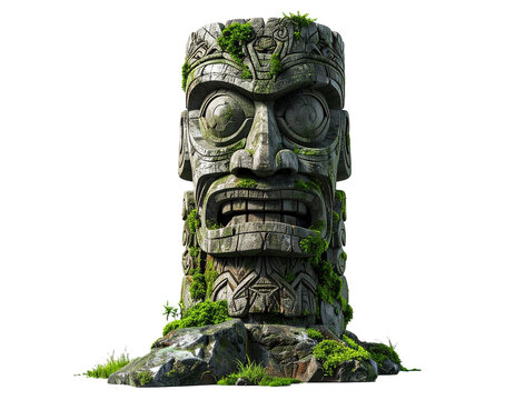 Ancient Stone Tiki Idol Statue Covered in Moss and Vegetation.