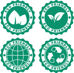 Fototapeta premium Eco friendly badge set features leaf, globe, and recycling symbols in circular seals