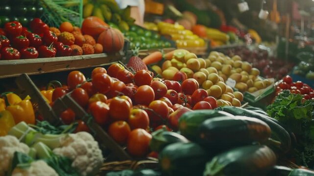 A colorful display of assorted fruits and vegetables at a market or grocery store.